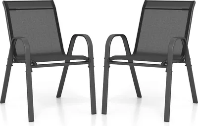 Two black outdoor chairs are shown from the front on a white background.