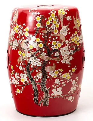 Immagine prodotto di Sgabello in ceramica fine Asianliving con fiori rossi fatti a mano - Ayumi D30xH45cm