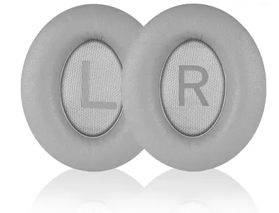Two silver-colored earpads for headphones, labeled 'L' and 'R'.