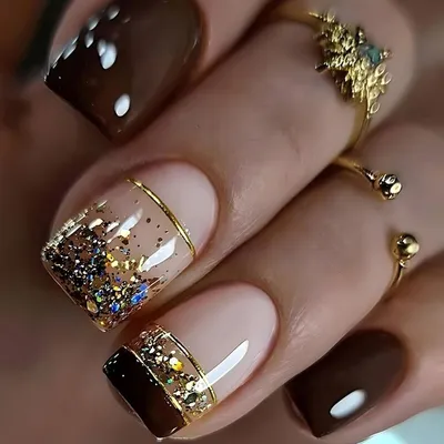 Produktbild von Press on Nails Eckig Kurz Braun Glänzend 24 Stück Selbstklebende Kunstnägel Acryl Fake Nails für Frauen Mädchen