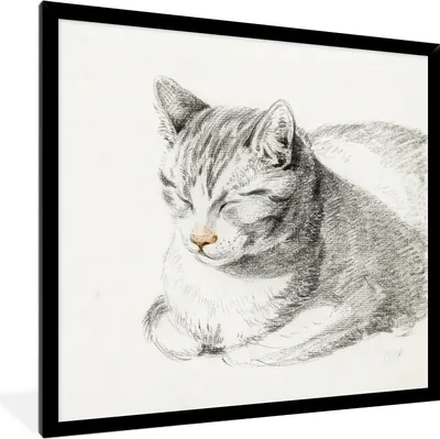 Produktbild von MuchoWow® MuchoWow® Gerahmtes Poster Liegende Katze, schräg nach vorne geneigt - Gemälde von Jean Bernard 40x40 cm - Poster mit zchwarzem Bilderrahmen - Mit Rahmen - Wanddekoration Schlafzimmer