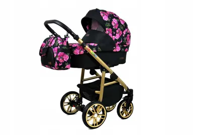 Produktbild von BABYLUX 2in1 Kombi-Kinderwagen Bambimo Color Lux, Schwarz, Bouquets Peony, aus Aluminium, Kunstleder, Baumwolle, für Neugeborene und Kleinkinder, mit Buggy Board, Zentralbremse Easy Stop und Stubenwagen mit Wiegefunktion