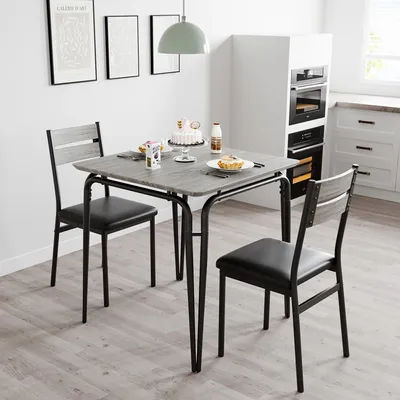 Image de Ensemble de salle à manger pour petits espaces - Ensemble 3 pièces (1 table + 2 chaises) - Peu encombrant - Style moderne - Structure en métal - Plateau en bois - Bleu