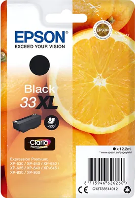 The image shows the packaging of an Epson ink cartridge, with a prominent image of an orange slice on the right side.