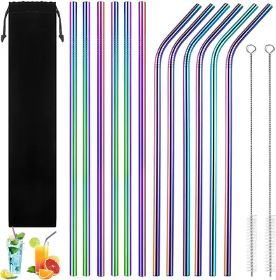 Productafbeelding van 12 Herbruikbare Rietjes van Roestvrij Staal - Set van 12 Kleurrijke Rietjes met Reinigingsborstels en Opbergtas voor Cocktails en Smoothies