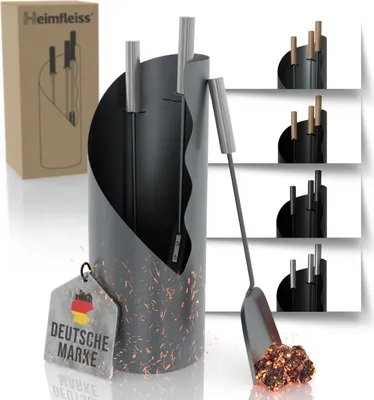 Produktbild von Heimfleiss Kaminbesteck Grau mit Edelstahlgriffen – Modernes Ofenbesteck, 4-teilig