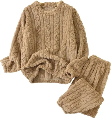Produktbild von ASKSA Schlafanzug Damen Winter Flanell Pyjama Set Lang Thermo Hausanzug Kuschelig Schlafanzug Fleece Warm Nachtwaesche Zweiteiler Flauschig Oberteile Langarm Und Pyjamahose,Khaki
