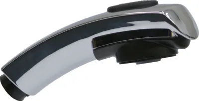 A close-up studio shot of a chrome and black kitchen faucet spray head against a white background.