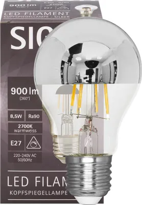 Zdjęcie produktu dla E27 LED żarówka lustrzana srebrna 8,5W 900 lumenów 2700K ciepła biel z możliwością ściemniania