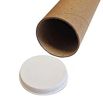 A brown cardboard tube and a white plastic cap are shown against a white background.