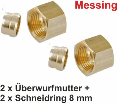 Produktbild von 2 x Schneidringe + Überwurfmutter für 8 mm Rohr Messing RVS 8 Marine Caravan