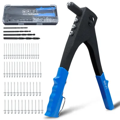 Immagine prodotto di Set di pinze per rivettare CCLIFE con 200 rivetti ciechi da 2,4-4,8 mm e 4 punte HSS in confezione PET
