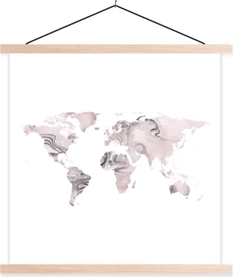 Produktbild von MuchoWow® Textilposter Weltkarte - Rosa - Grau 120x120 cm mit holzfarbenen Rahmen - Textil-Poster