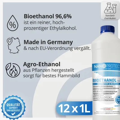 Produktbild von Nanoprotect Bioethanol 96,6% | 12 x 1 Liter | Flüssiger Ethanol Brennstoff für Indoor Kamin und Tischfeuer | Reiner Ethylalkohol als Lösungsmittel | e …