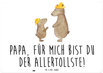 Produktbild von Mr. & Mrs. Panda Retro Blechschild Bären mit Hut DIN A6 - Weiß - Geschenk, Familie, tafel, Papa, Wandbild, Vatertag, Türschild, Family, Schild, Muttertag