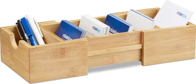 Zdjęcie produktu dla 3-częściowy zestaw organizerów na biurko z bambusa: wysuwany segregator, stojak na dokumenty z 2 szufladami, pojemnik na listy, kolor naturalny