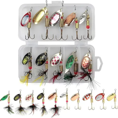 Imagen del producto de Conjunto de 10 señuelos de colores para pesca de truchas y lucio, que incluye crankbaits y spinnerbaits, y viene con una caja de almacenamiento