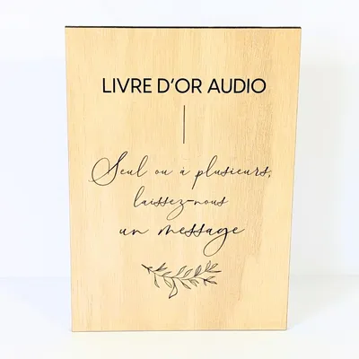 Holzschild Audio-Gästebuch A5, Eichenoptik, 15 x 21 cm, Hochzeitsdeko