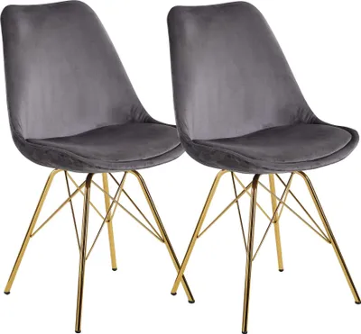 Productafbeelding van Eetkamer set bestaande uit 2 grijze fluwelen keukelstoelen met gouden poten, in Scandinavisch design