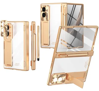 Produktbild von Hülle für Samsung Galaxy Z Fold 8 Magnetscharnier, Ständer, Stifthalter, Schutzhülle mit Linsenfolie, Bildschirmfolie Gold