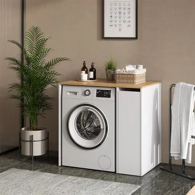 A laundry room scene with a washing machine cabinet, a plant, and laundry supplies.