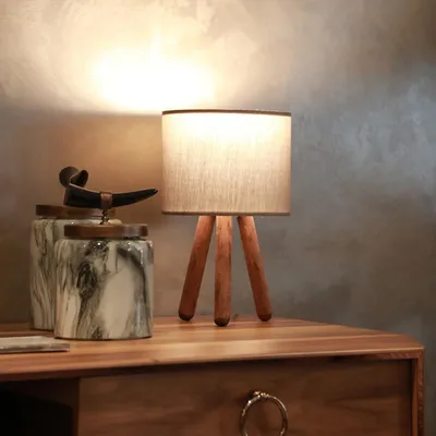 Image de Opviq, lampe de table haut de gamme 100 % bois, gris foncé, hauteur 32 cm, abat-jour 19 x 15 cm, câble de 150 cm, douille E27 max. 40 W | Design scandinave pour un intérieur moderne.