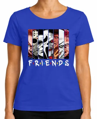 Imagen del producto de Camiseta azul para mujer, con diseño de iconos del terror: Jason, Michael Myers, Pennywise, Freddy Krueger, Chucky. Talla S