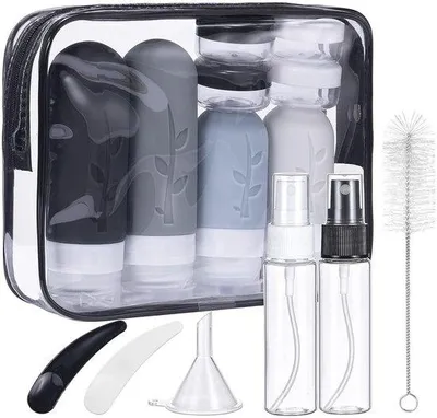 Produktbild von Unyqoos® 16‑teiliges Reiseflaschen-Set 100 ml – auslaufsichere Silikonflaschen: Etiketten, Trichter, Löffel & Bürste für Kosmetik & Hygieneartikel