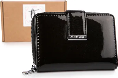 Zdjęcie produktu dla Portfel damski Czarny Skórzany Lakierowany Jennifer Jones Ze skóry naturalnej z ochroną kart RFID Portmonetka damska