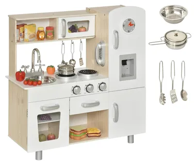 Image de Cuisine de jeu en bois - Cuisine pour enfants - Avec évier - Plaques de cuisson à induction - Micro-ondes - Accessoires inclus - Pour les enfants de 3 à 6 ans - 74x30x81 cm - Blanche