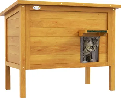 Image de PawHut Maison pour chats niche d'extérieur en bois surélevée avec toit ouvrable, isolée avec toit asphalte, 85 x 50 x 68,5 cm, naturel et vert