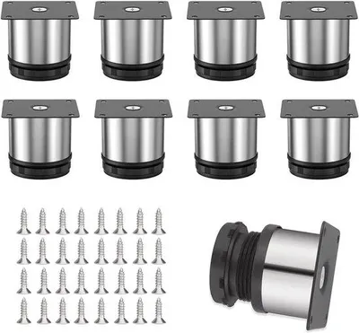 Image de Lot de 8 pieds de cuisine réglables en acier inoxydable - Pieds de cuisine pour armoires et tables - Hauteur : 5 cm - Diamètre : 5 cm - Hauteur réglable de 0 à 15 mm - Pieds de cuisine