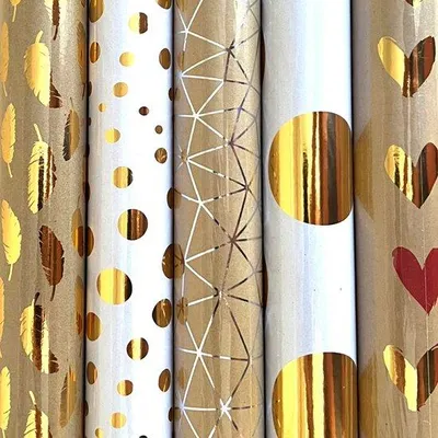 Produktbild von Goldenes Kraftpapier bedrucktes Sortiment Geschenkpapier - 150 x 70 cm, 5 Rollen