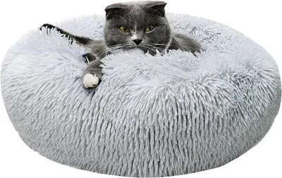 Immagine prodotto di Cesto per animali domestici 40 cm soffice peluche per cani rotondo morbido cuscino antiscivolo per gatti lavabile cesto per animali domestici (S ~ grigio chiaro)