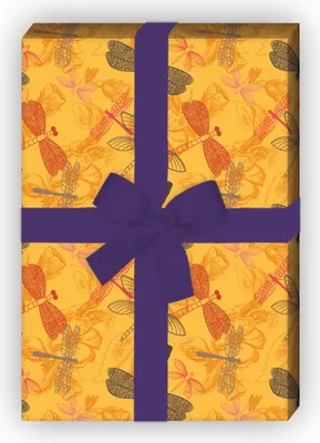 Produktbild von Sommerliches Blumen Geschenkpapier mit Libellen, gelb - G10080, 32 x 48cm