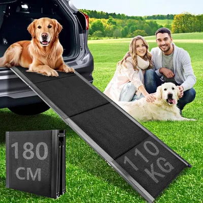 Produktbild von Hunderampe, 180 x 50 cm, klappbar und rutschfest für Autos, LKWs und SUVs, bis 110 kg, geeignet für große und ältere Hunde, Aluminiumrahmen, extra lang