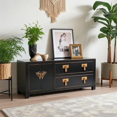 Produktbild von OPIUM OUTLET Chinesische TV Kommode orientalisches Asia Sideboard Schrank Lowboard Möbel asiatisch orientalisch chinesisch fernöstlich Holz Vintage-Stil shabby-chic Landhaus schwarz