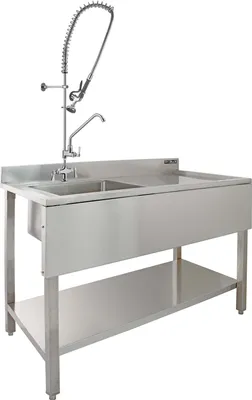 Immagine prodotto di Lavello professionale in acciaio inossidabile KuKoo Gastro, 1 vasca, orientamento a sinistra, lavello da cucina, lavello gastronomico, lavello, lavabo, piano di sgocciolamento a destra, 120 cm L x 60 cm P x 105 cm A, con doccetta per stoviglie, rubinetteria, rubinetto, doccetta di prelavaggio, doccetta manuale