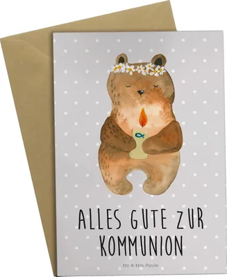 Produktbild von Mr. & Mrs. Panda Grußkarte Bär Kommunion - Grau Pastell - Geschenk, einladungskarten, Grußkarten, Teddy, weihnachtskarten, neujahrskarte, Katholisch, osterkarte