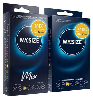 Produktbild von MY.SIZE Mix SET Größe 3, 53 mm: 10 Classic Kondome + 10 Kondome in 4 aufregenDen Sorten, mit Aroma, Farbe, Genoppt & Classic