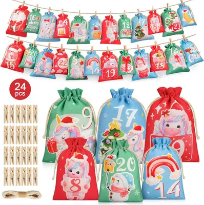 Immagine prodotto di Calendario dell'Avvento da riempire per bambini - Riutilizzabile - Realizzato in tessuto - 24 sacchetti dell'Avvento fai-da-te con numeri - Disponibile in 2 dimensioni