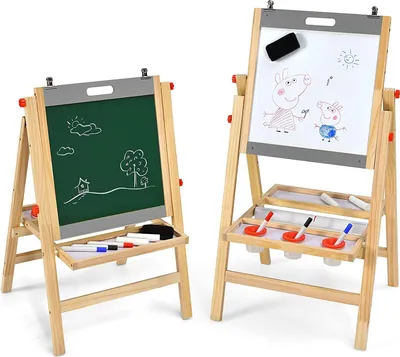 Immagine prodotto di COSTWAY Tavola per bambini 3 in 1 Tavola in legno pieghevole regolabile in altezza per bambini a partire da 3 anni con doppia tavola e vano portaoggetti