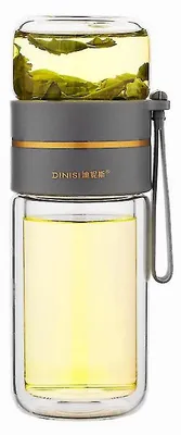 Produktbild von Doppelwandige Glas-Teeflasche mit Teesieb, tragbarer Teebecher für losen Tee, Reisebecher mit Sieb, multifunktionale Teetasse – Grau