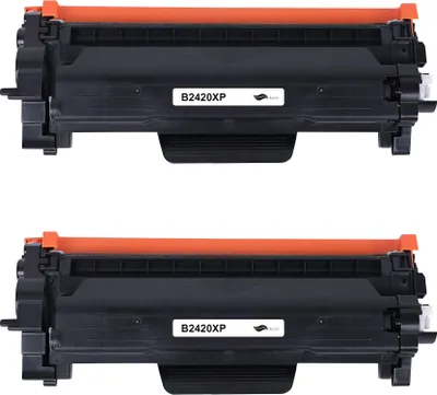 Two black toner cartridges with orange accents are shown against a white background.