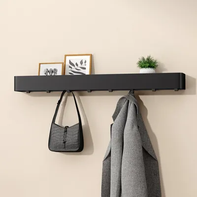 Produktbild von doporro Wandgarderobe mit Ablage, Garderobenleiste 80 cm mit 8 Garderobenhaken, Kleiderhaken Wand ohne Bohren (Kleben) Sandschwarz, Reglo-05