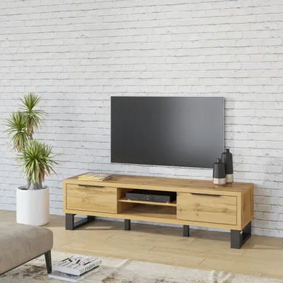 Produktbild von Masseno TV-Schrank HALENZA 180 cm Fernsehschrank mit 2 Türen TV-Lowboard für Wohnzimmer Modern 180x50x50 cm Eiche Wotan / Eiche Wotan