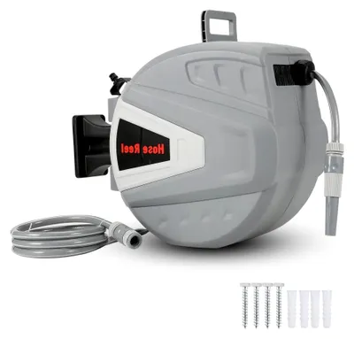 Produktbild von Schlauchtrommel 20+2m, Automatischer Schlauchaufroller 180°, Wandmontage mit Handbrause für Gartenschlauch, Drehbare Wasserschlauch Trommel, Gartenbewässerung