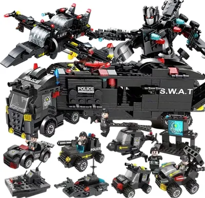 Produktbild von ASKSA SWAT Polizei Bausteine Bausatz, 597 Teile Stadt Polizeiauto Spielzeug fuer Jungen und Maedchen mit Polizeiauto, Hubschrauber, Wasserpatrouillenboote (Schwarz)