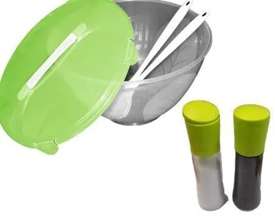 Produktbild von Salatschüssel 5 Liter + Löffel wieder verwendbar mit Salz und Pfeffermühle grün von Conny Clever®