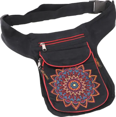 Produktbild von Stoff Sidebag & Hüfttasche Mandala, Goa Gürteltasche, Bauchtasche aus Nepal - Schwarz/rot, Uni - Erwachsene, Baumwolle, 25*20*4 cm, Festival- Bauchtasche Hippie